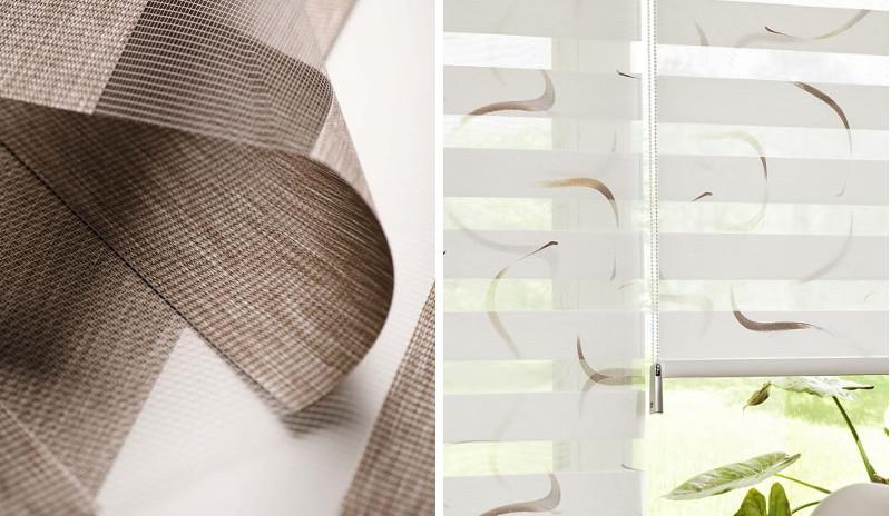 Detail des Stoffes (links) und Tag- und Nachtrollos, die mit einer Kette gesteuert werden. Foto LEHA